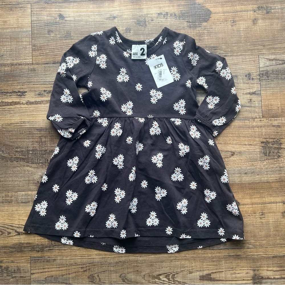 Cotton On Kids Girls Grey/Black Floral Daisy Long Sleeve Dress Fall Size 2 NWT